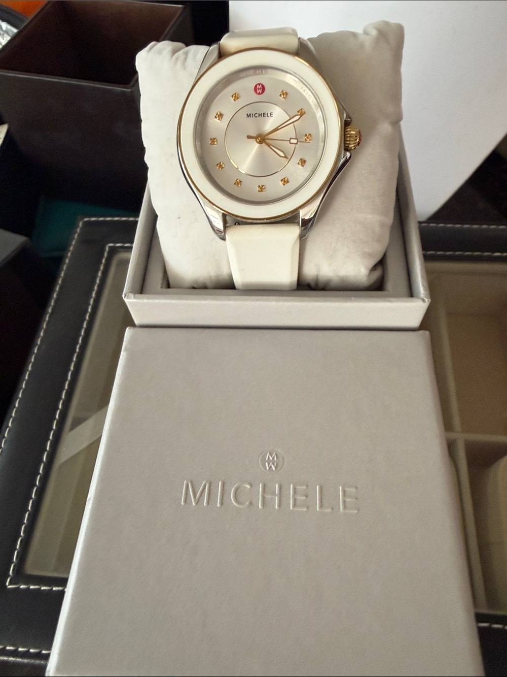Michele White rubber Watch with Gold Accents and Crystal Markers - Picture 3 of 3